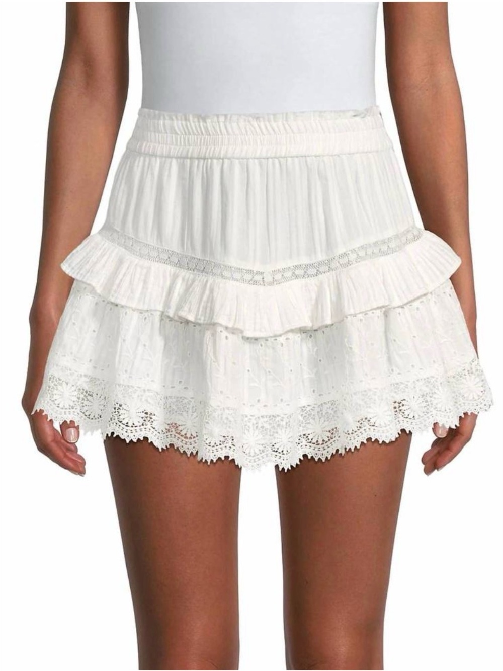 Love Shack Fancy Tanisha Tiered Cotton Mini Skirt, size Large True White